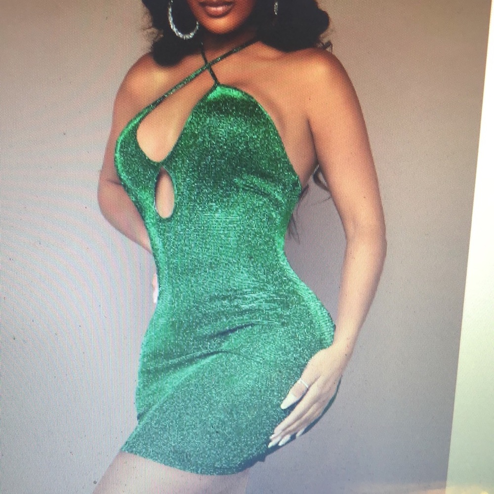 Crisscross, tieback, green metallic sexy body con dress - Picture 9 of 9